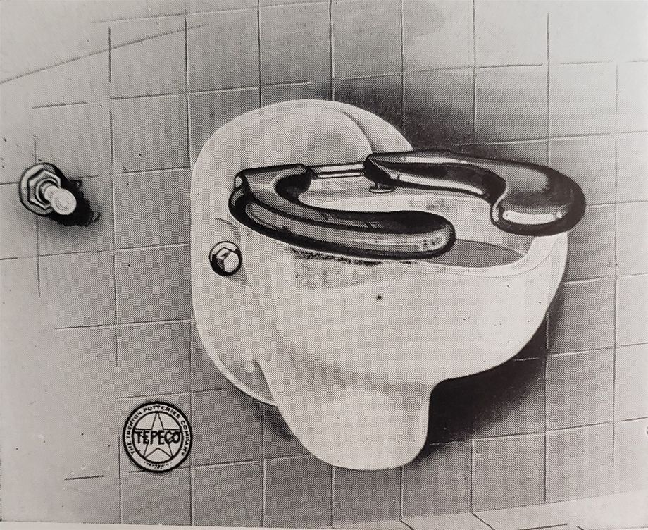Toilette 'Suspendo' de la Trenton Potteries Co, avec la marque TEPECO. Photo tirée d'un catalogue de 1927  de la Thomas Robertson & Co. Ltd de Montréal, p. 118.