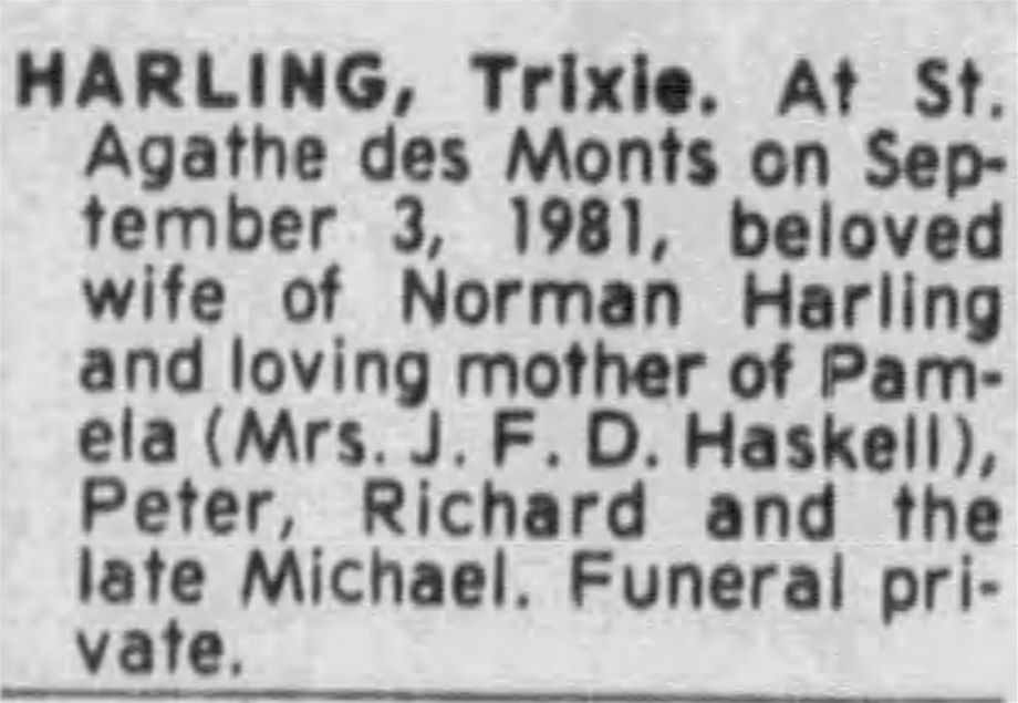 Annonce du décès de Béatrice (Trixie)  Rickards parue dans The Gazette, 5 septembre 1981