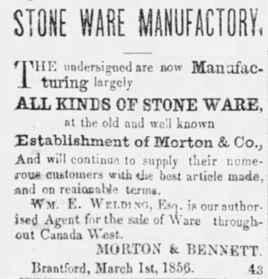 3.	Source : Semi Weekly Expositor Railway Advocate and General Advertiser, March 7, 1856, p. 3. Morton and Bennett annoncent déjà le 1er mars 1856 leur production de grès à l’ancienne manufacture de Morton & Co.,  avec W. E. Welding comme agent de ventes.