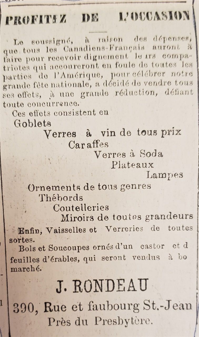 Annonce de vente de « Bols et soucoupes ornés d'un castor et de feuilles d'érables », parue le 23 juin 1880. J. Rondeau est un marchand de vaisselle de Québec.