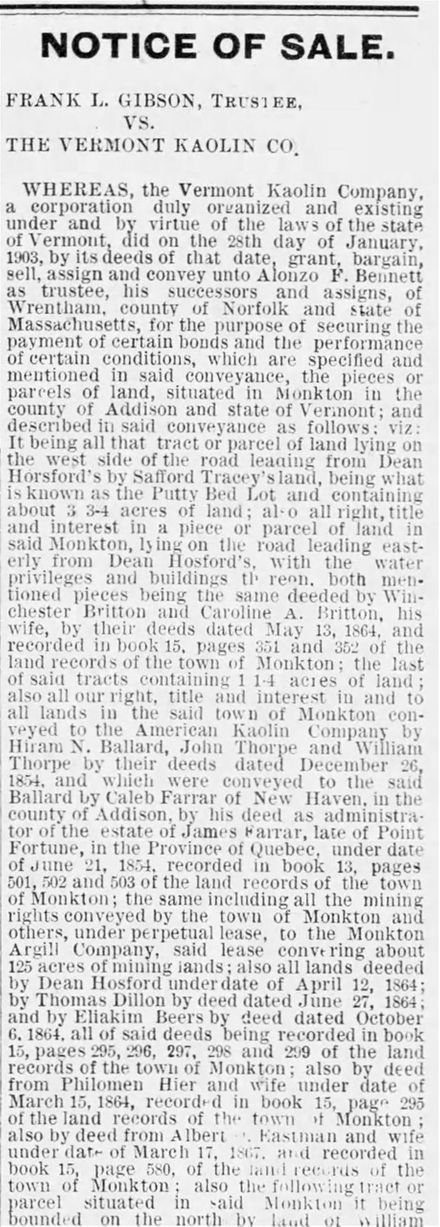 4. Avis de vente touchant la Monkton Argil Co et les Farrar,  tiré du Middlebury Record du 21 avril 1910.