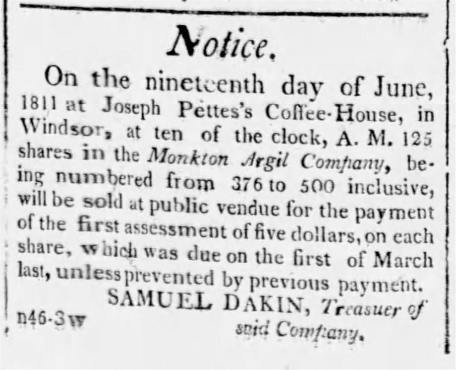 5. Vente d'actions de la Monkton Argil Co. par le trésorier Samuel Dakin. The Washingtonian, 17 juin 1811.